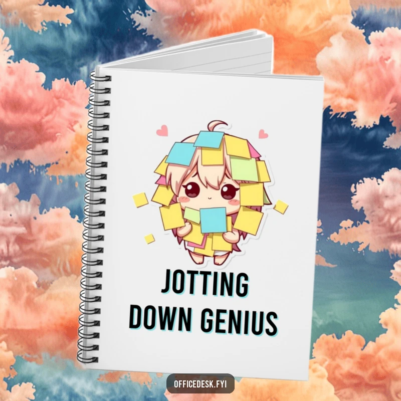 Funny cute character covered in sticky notes, looking bewildered but amused on a notebook cover for humorous journaling.