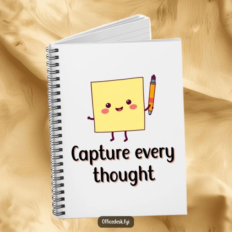 Funny notebook cover with a cheerful sticky note character in a lively dance, pen in hand, perfect for jotting ideas.