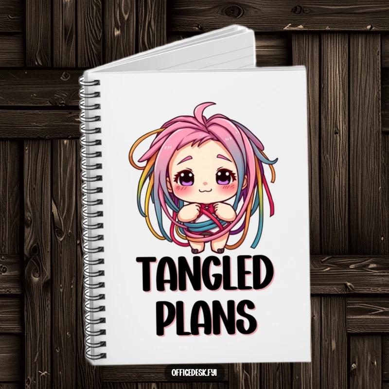 Funny notebook with a character grinning, tangled in colorful cords, perfect for note-taking and tech-related ideas. Ideal gift.