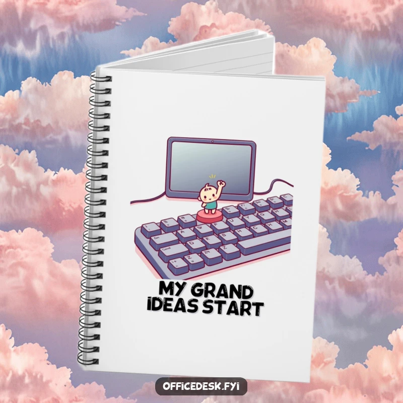 Funny notebook with a small character triumphantly pressing a tiny button on a large keyboard, ideal for humorous note-taking.