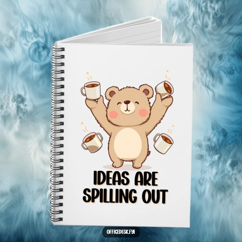 Funny bear juggling coffee cups, notebook for journaling and jotting down ideas.