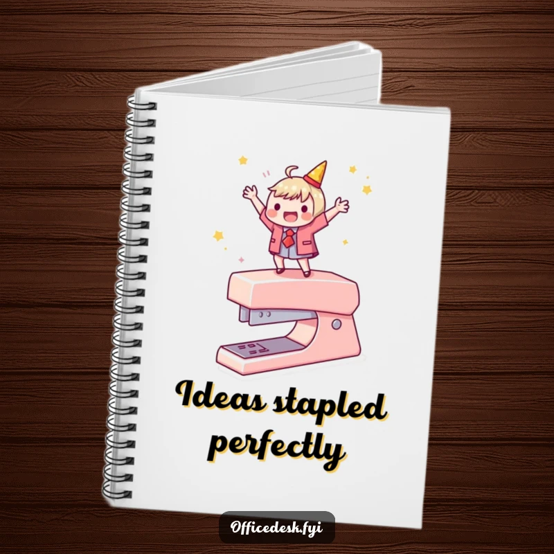 Funny notebook with a character dancing on a stapler, ideal for jotting down humorous office achievements.