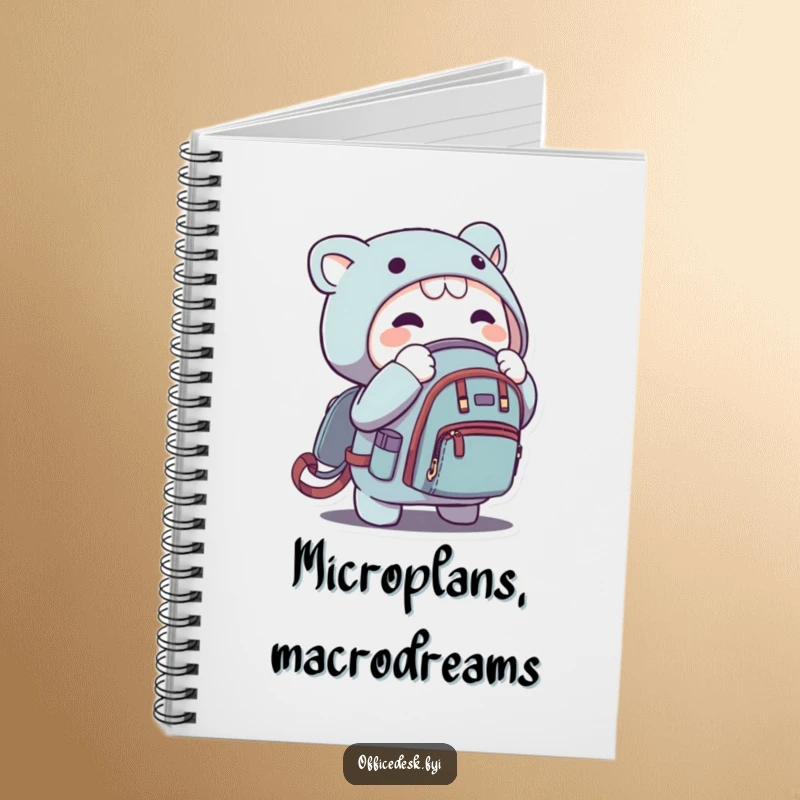 Funny notebook with a character zipping a microscopic backpack, perfect for jotting humorous notes and tiny plans.