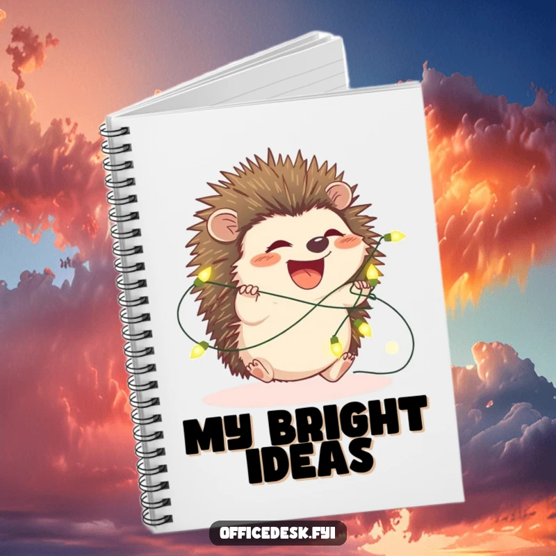 Funny hedgehog notebook, a hedgehog is hilariously tangled in a string of glowing fairy lights, great for notes.