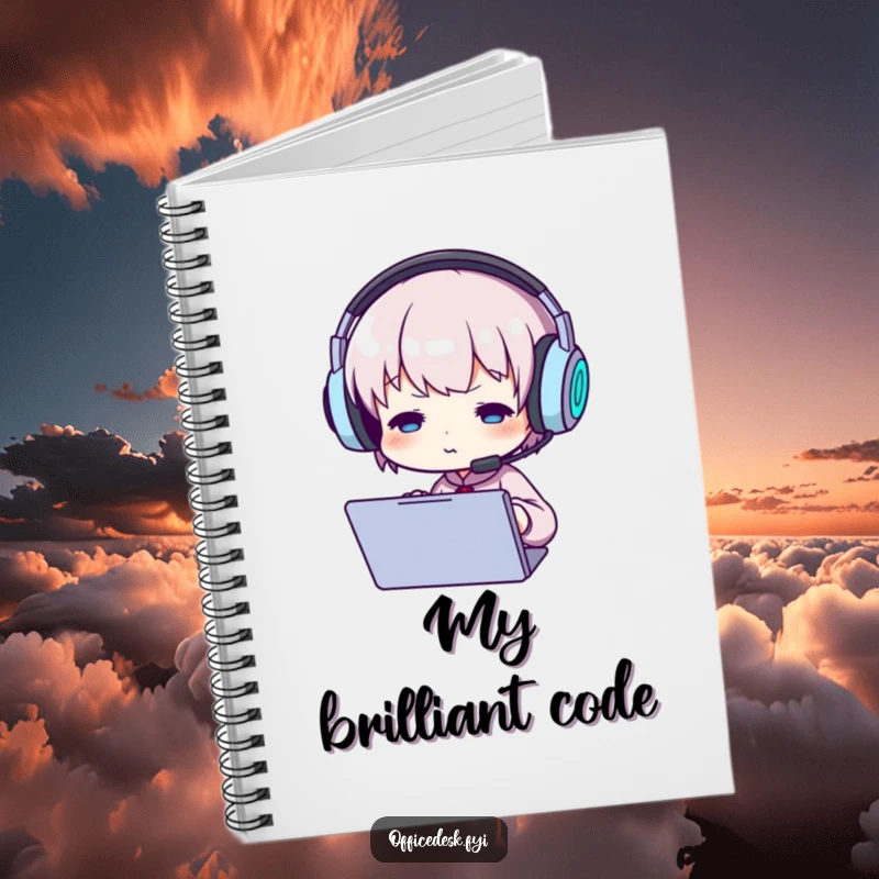 Funny notebook with a small character wearing oversized headphones, intently focused on a screen, inspiring deep thought.