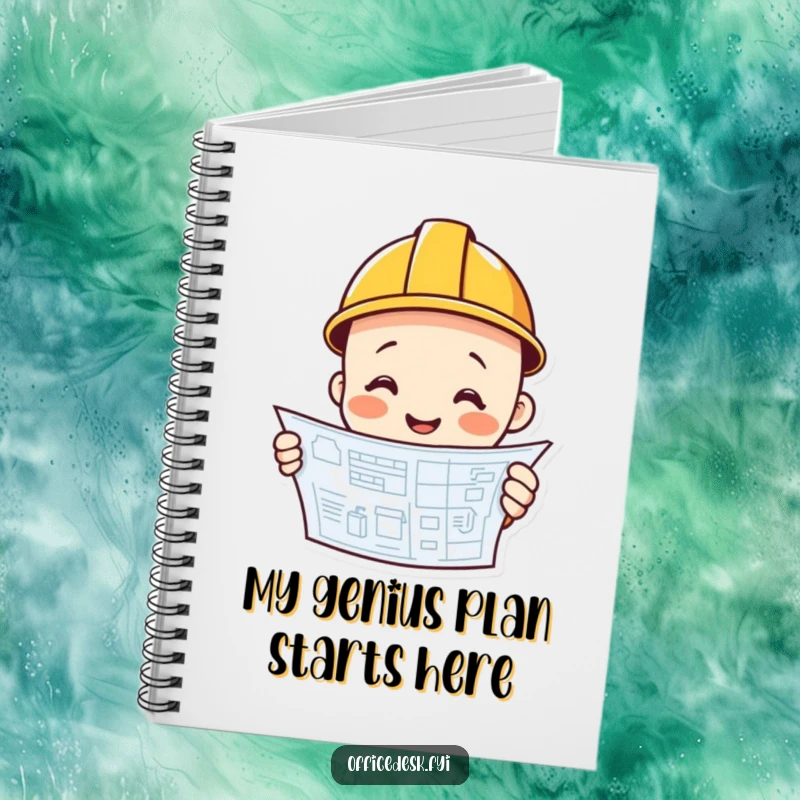 Funny construction worker smiling, hard hat, blueprint cover, notebook, planning tool, funny gift.