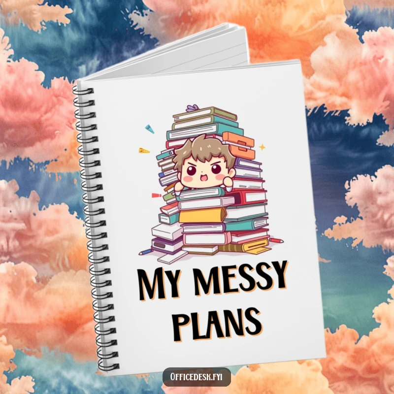 Funny Notebook: Determined character straining to hold a massive, collapsing pile of office supplies.