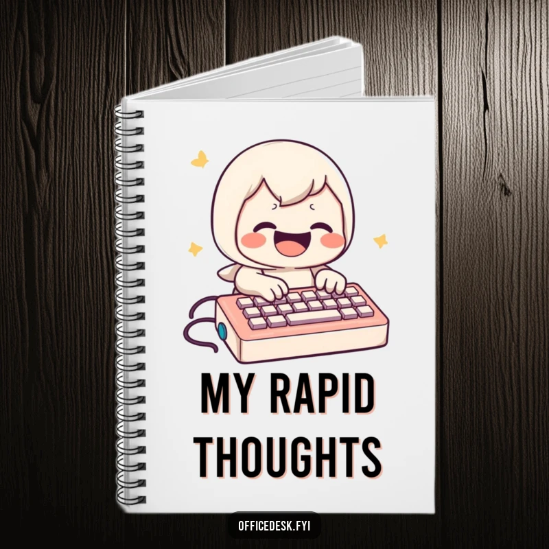 Funny Notebook: Playful character with a grin types furiously on a miniature keyboard, inspiring speedy note-taking.