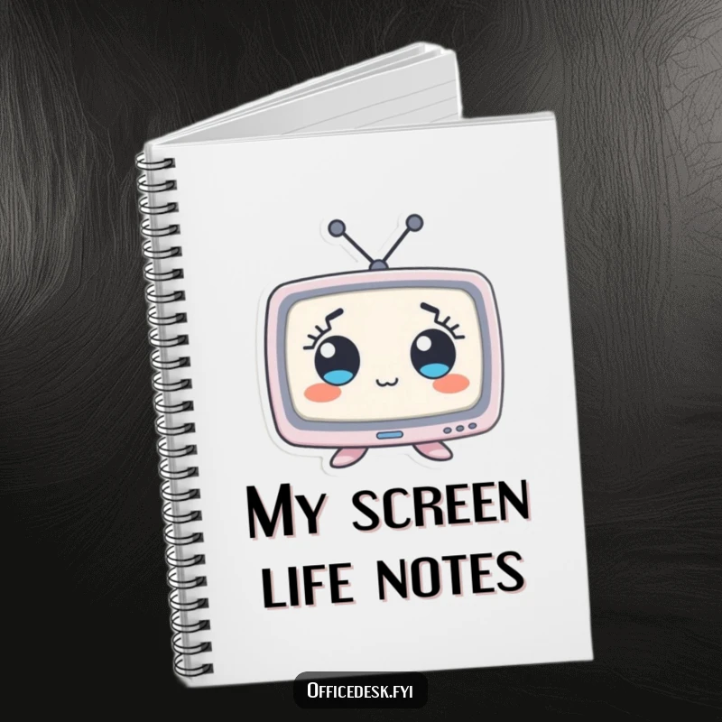 Funny notebook cover with a tiny monitor character displaying comically wide eyes, perfect for jotting down thoughts and inspirations.