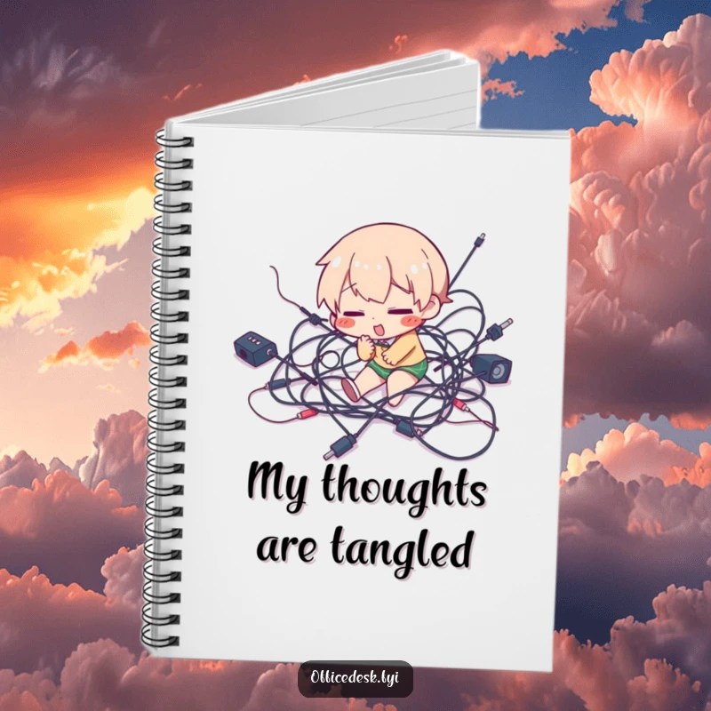 Funny notebook cover featuring a character comically tripping over a tangled mess of wires, perfect for note-taking.