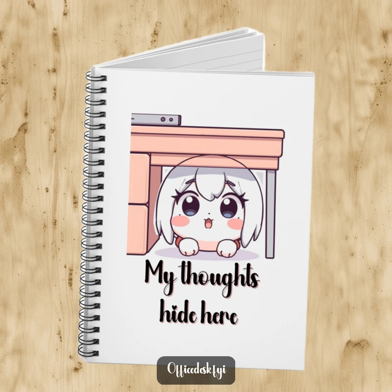 Funny notebook cover with a surprised character hiding under a desk, eyes wide in a funny, relatable scenario, perfect for notes.