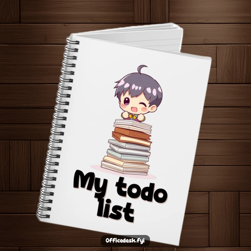 Funny Notebook: A small character struggling to hold a towering stack of papers, a humorous stationery item.