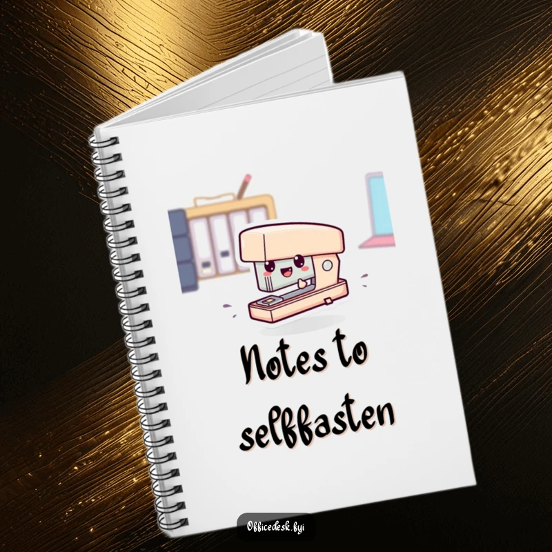 Funny notebook cover with a tiny stapler character comically zipping across, perfect for jotting down notes quickly.