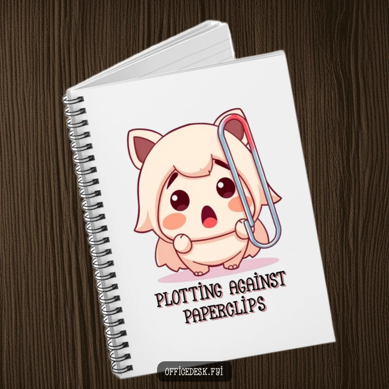 Funny notebook depicting a cute character's surprised expression at a giant paperclip, inspiring creative and humorous note-taking.