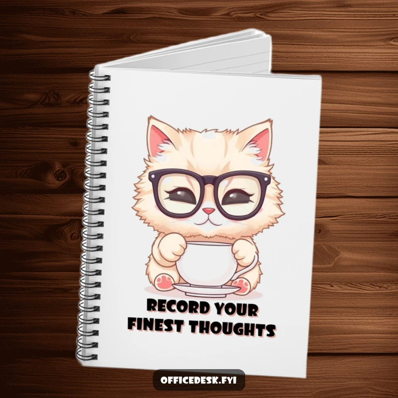 Funny Cat Glasses Notebook: A fluffy cat in large glasses diligently polishing a teacup, ideal for jotting down thoughts and refined ideas humorously.