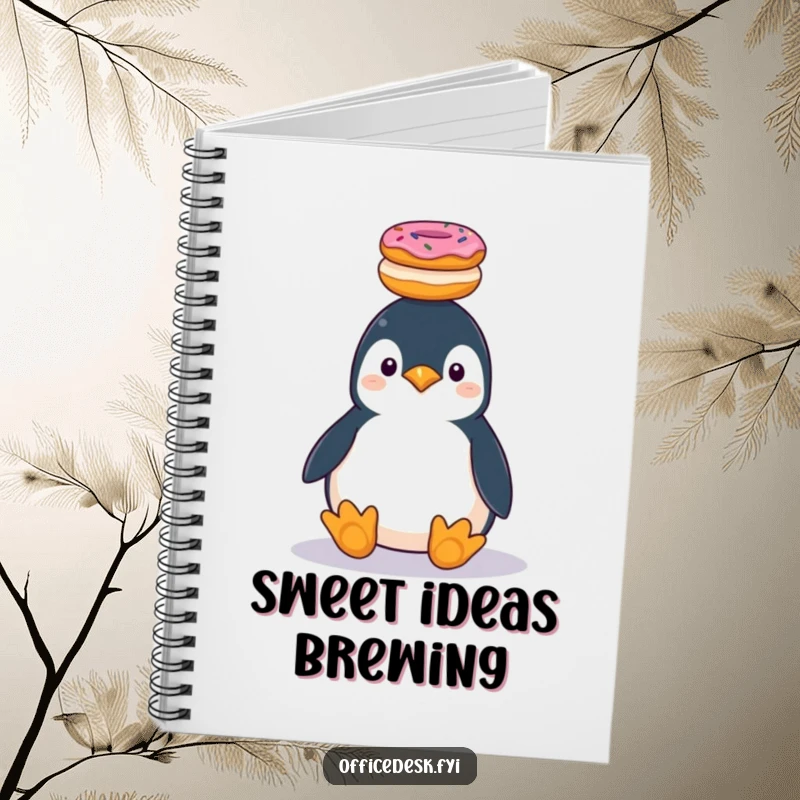 Funny penguin balancing donuts, notebook for journaling and jotting down sweet ideas.