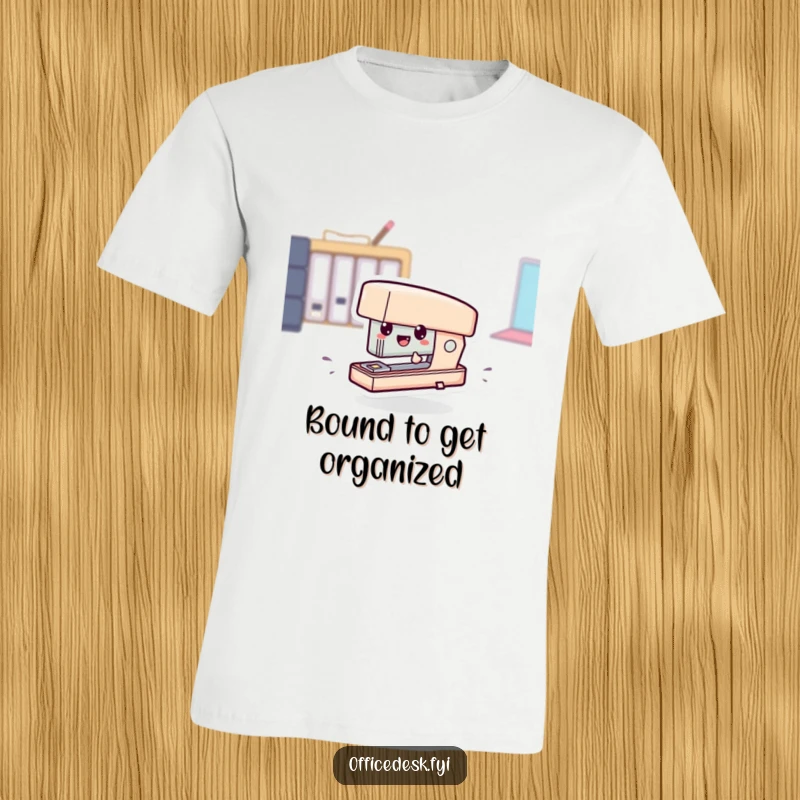 Funny t-shirt featuring a tiny stapler character comically zipping across a surface, symbolizing rapid progress and office fun.