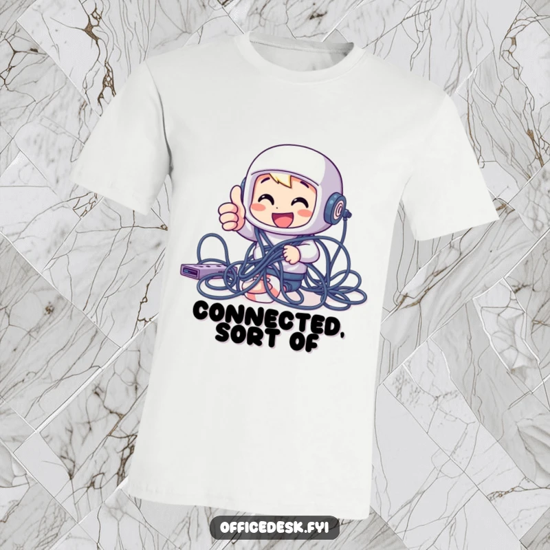 Funny cheerful character giving a thumbs up while tangled in computer cables on a T-shirt, a must-have funny gift.