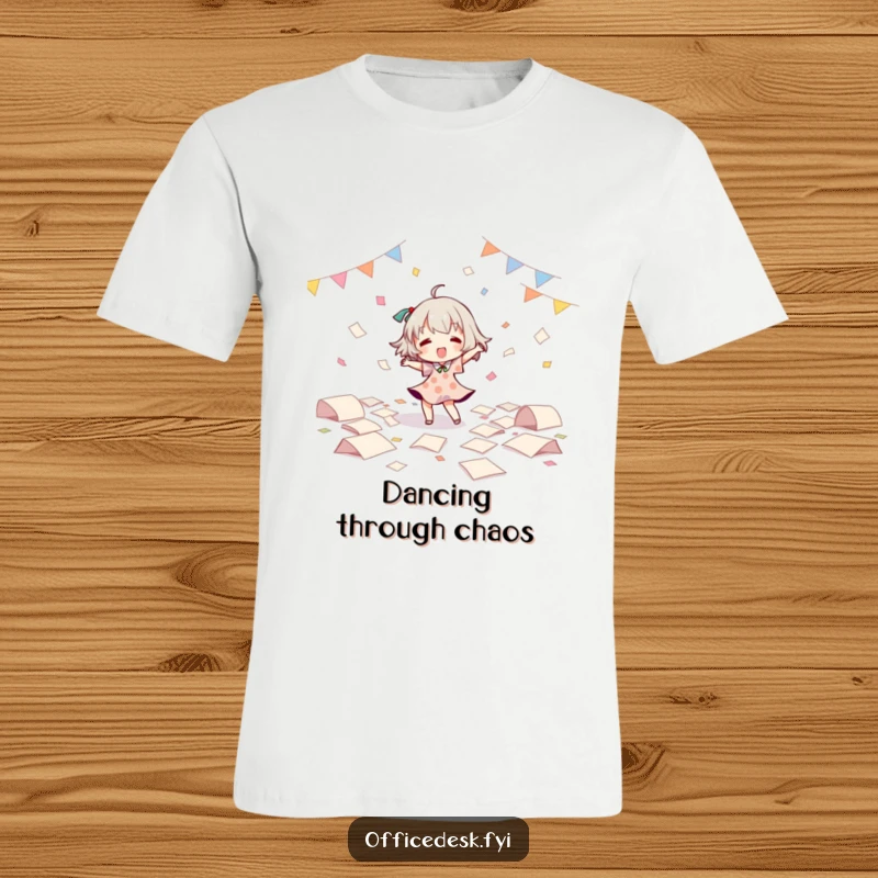 Funny T-Shirt: Character in a solo dance party, papers flying, expressing pure joy and playful chaos. A great funny gift.