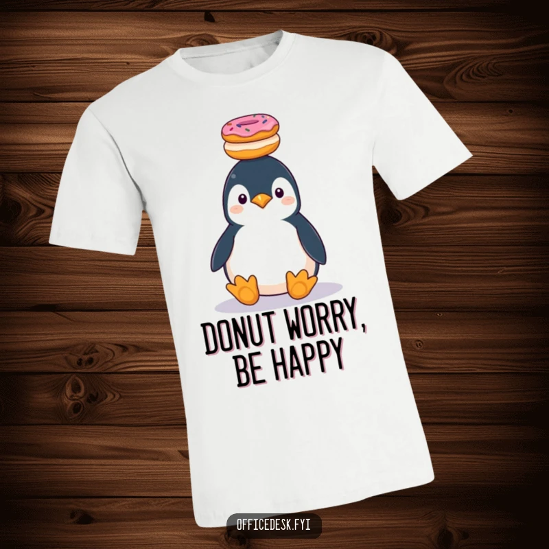 Funny penguin hilariously balancing a stack of donuts on its head, dessert lover theme, t-shirt.
