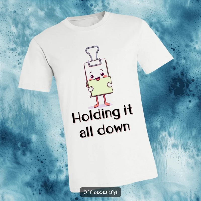Funny t-shirt with a miniature binder clip character joyfully holding a huge stack of papers.