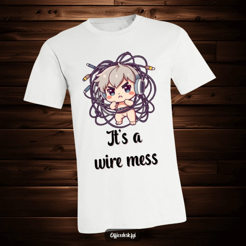 Funny T-Shirt: Determined protagonist battling an overwhelming tangle of electronic cables with a resolute expression, office humor.