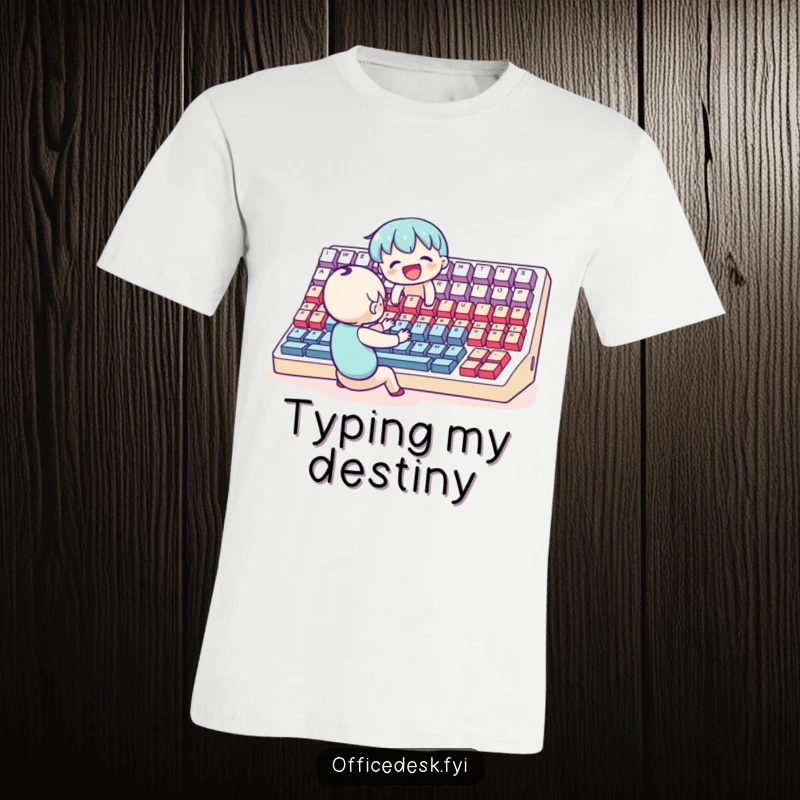 Funny T-Shirt: A small, joyful character energetically typing away on an impossibly large keyboard, celebrating digital creation.
