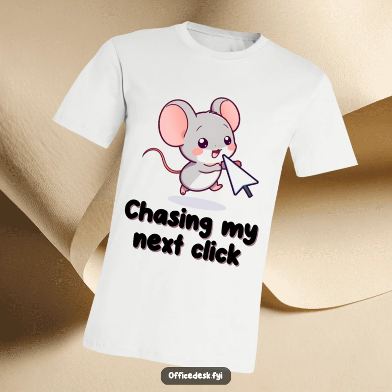 Funny t-shirt featuring a small computer mouse character playfully chasing a cursor, symbolizing digital interaction and fun.