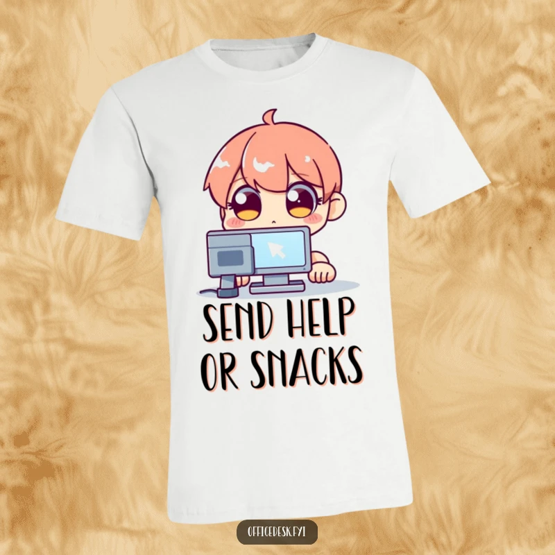 Funny t-shirt with a wide-eyed character fixated on a blinking computer cursor, symbolizing intense concentration and mild panic.