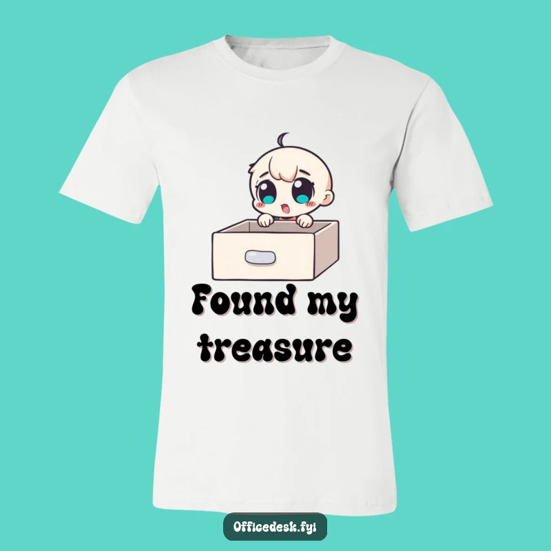 Funny Desk Detective T-Shirt: Excited Character Finds Hidden Compartment, Great Funny Gift
