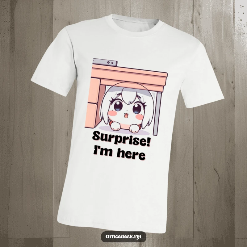 Funny t-shirt featuring a surprised character hiding under a desk, eyes wide with relatable fear, great for a funny gift.