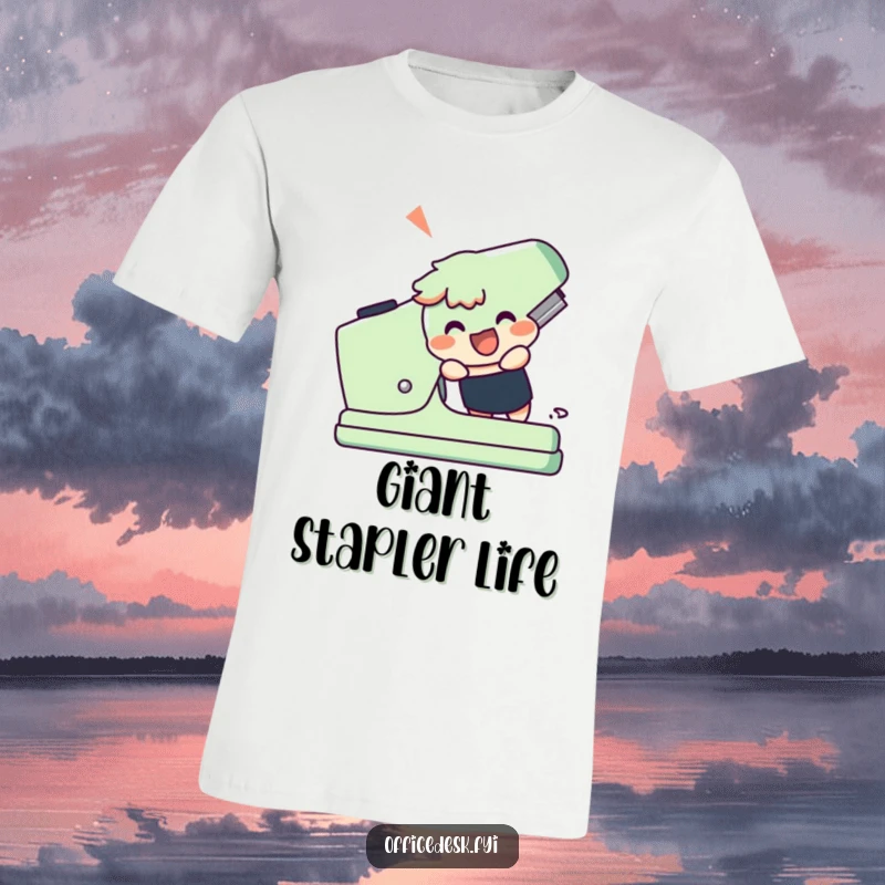 Funny t-shirt depicting a cheerful character excitedly attempting to operate a comically large, giant stapler, full of can-do spirit.