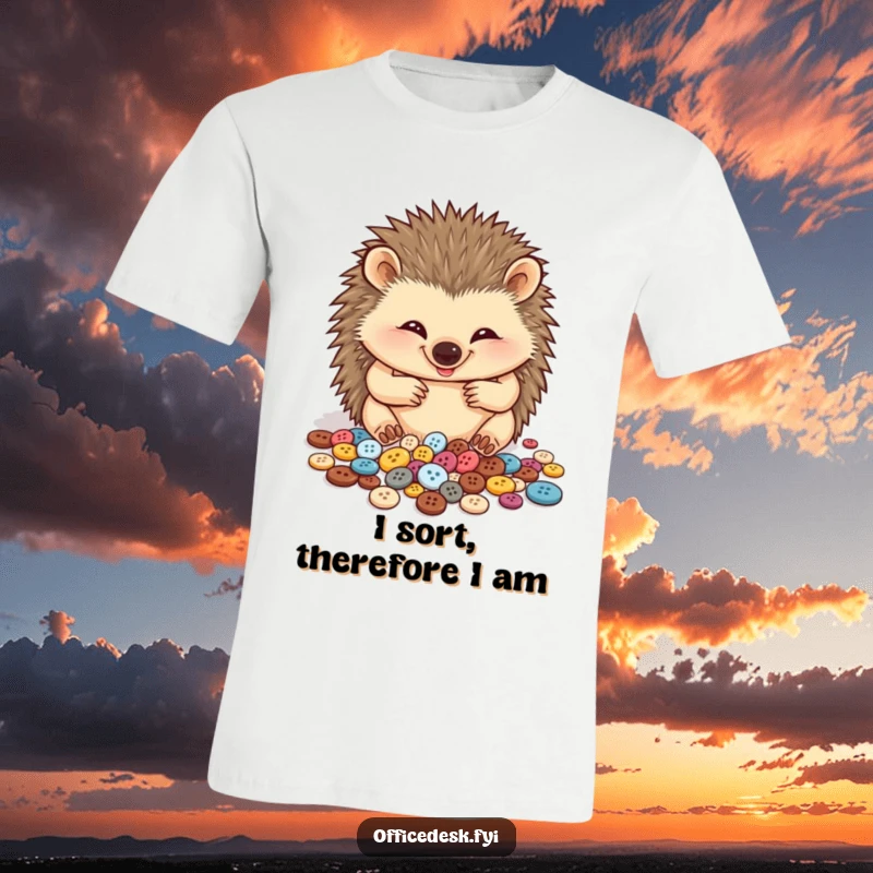 Funny t-shirt depicting a cheerful hedgehog meticulously organizing a vast collection of tiny buttons with extreme care and a cute smile.