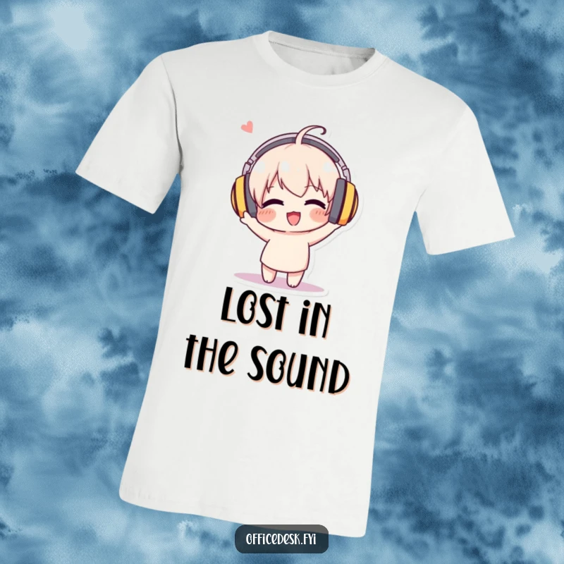 Funny t-shirt showcasing a character with huge headphones, energetically bobbing its head in musical ecstasy, full of life.