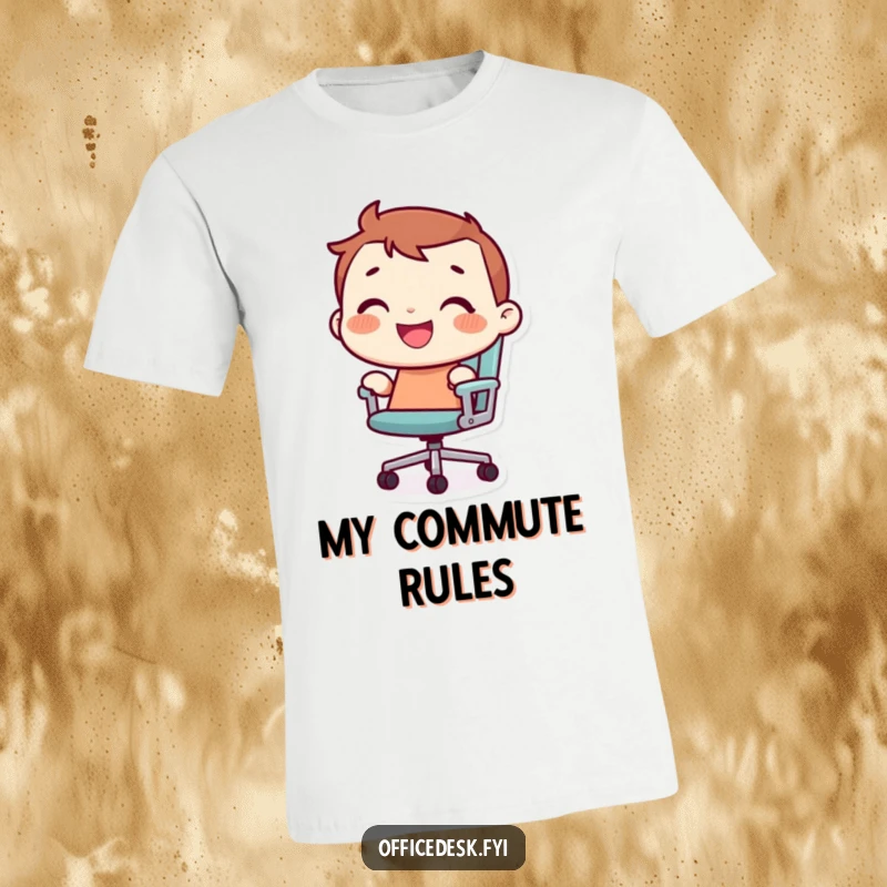 Funny tiny character with a joyful grin, riding a rolling office chair on a humorous and comfortable t-shirt.