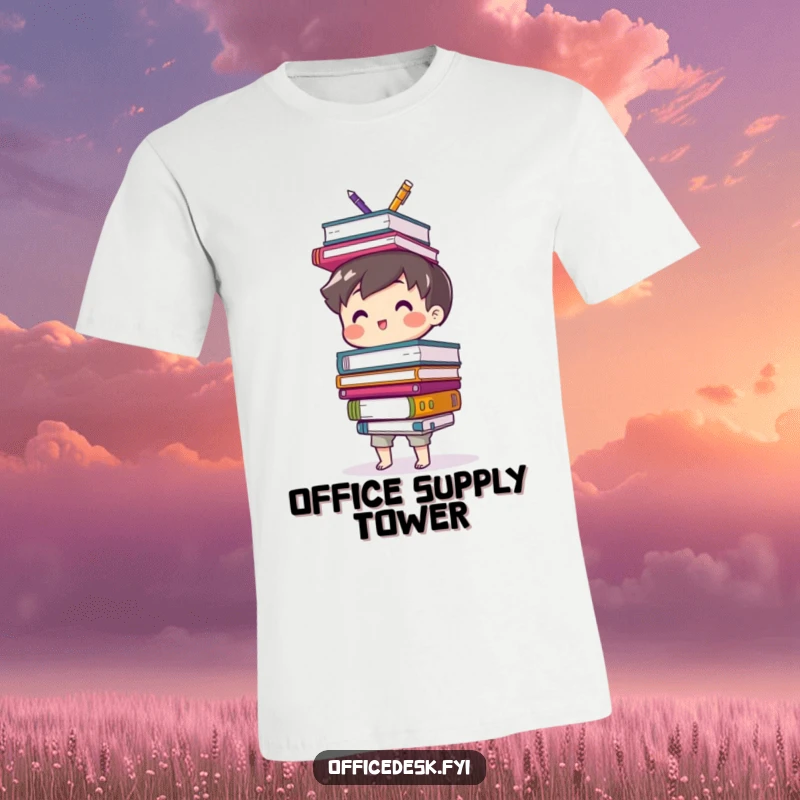 Funny t-shirt showing a cute character gleefully balancing a towering, unstable collection of diverse office supplies.