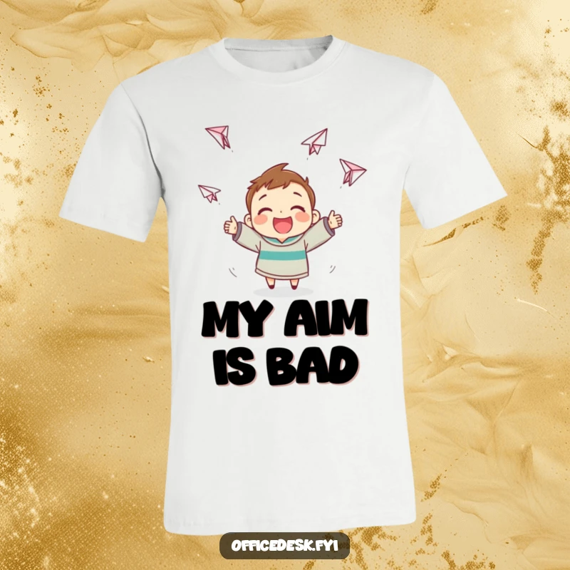 Funny Paper Airplane T-Shirt: Cheerful character making paper airplanes that soar erratically, ideal funny gift.