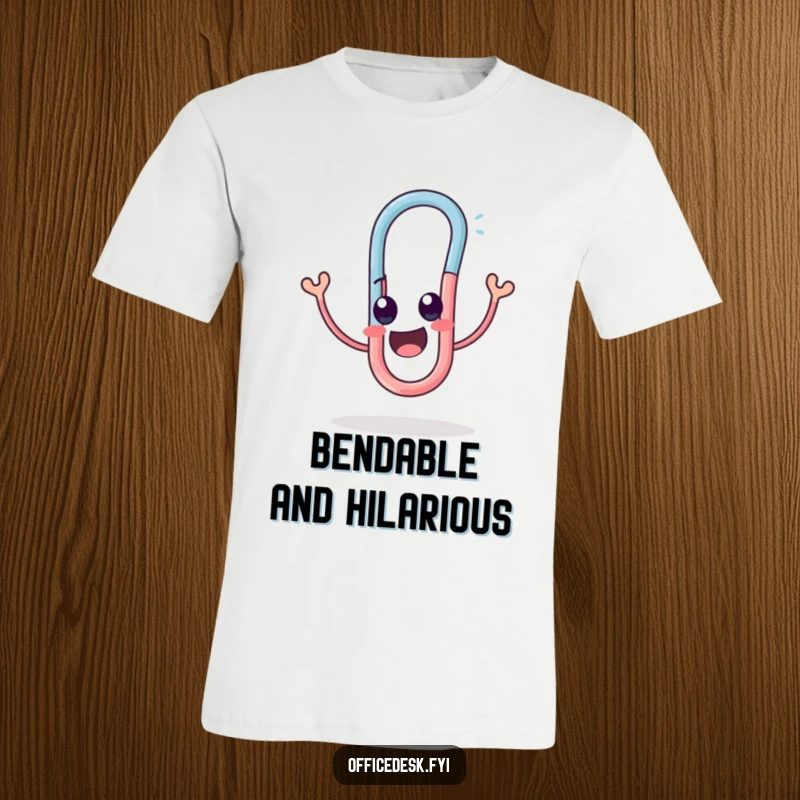 Funny t-shirt featuring a cute paperclip character in a funny, twisted pose, expressing sheer delight and amusement.
