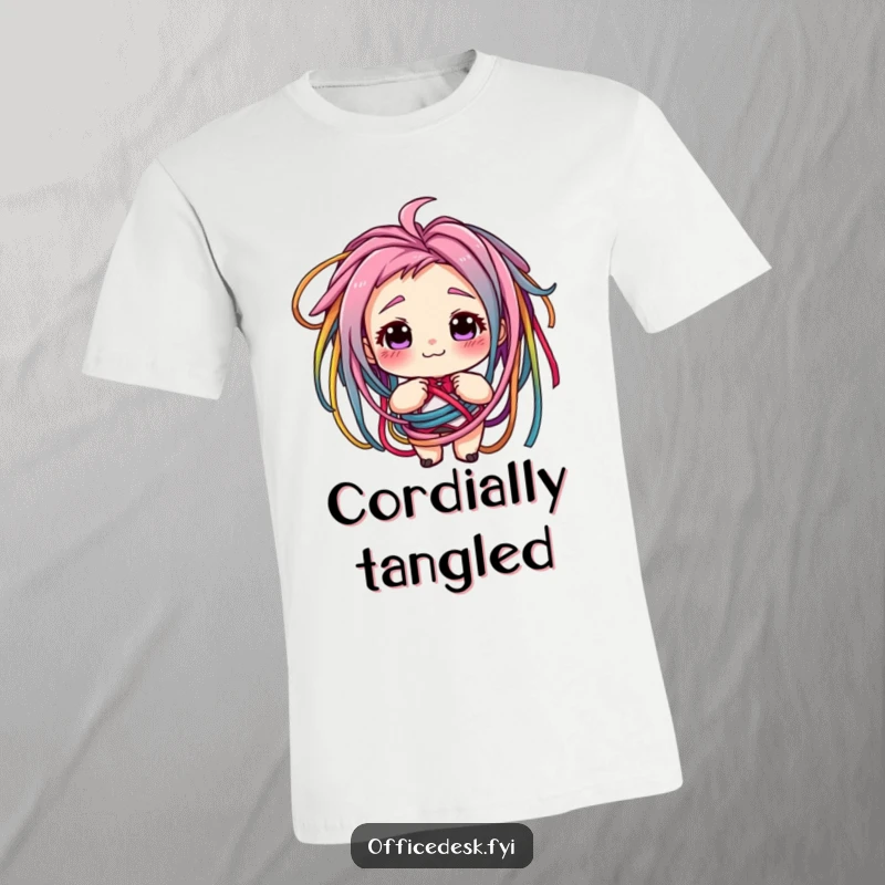 Funny t-shirt with a small character grinning amidst colorful tangled cords, depicting tech life's delightful frustration. Perfect gift.