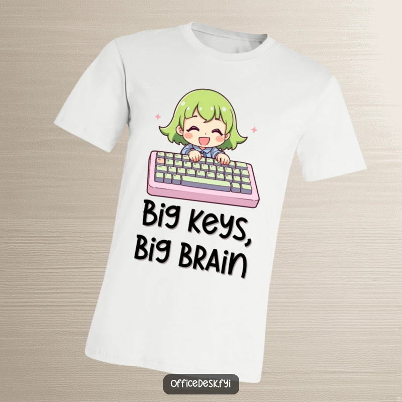 Funny T-Shirt: A joyful character mashing keys on an absurdly large computer keyboard, a humorous portrayal of digital work.