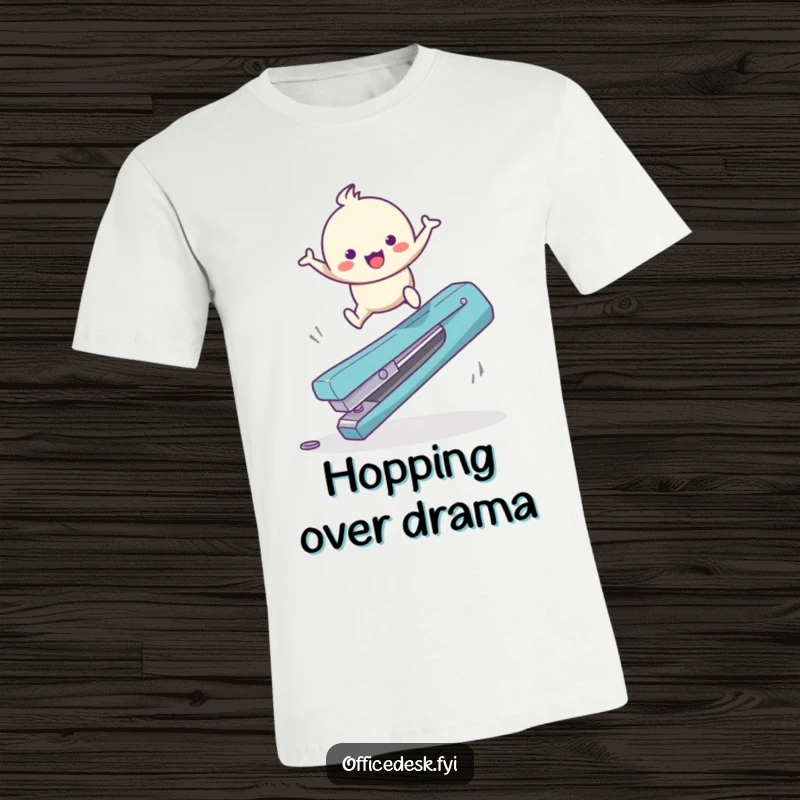 Funny T-Shirt: A cute character in mid-air, happily leaping over a huge, fallen staple remover, office adventure theme.