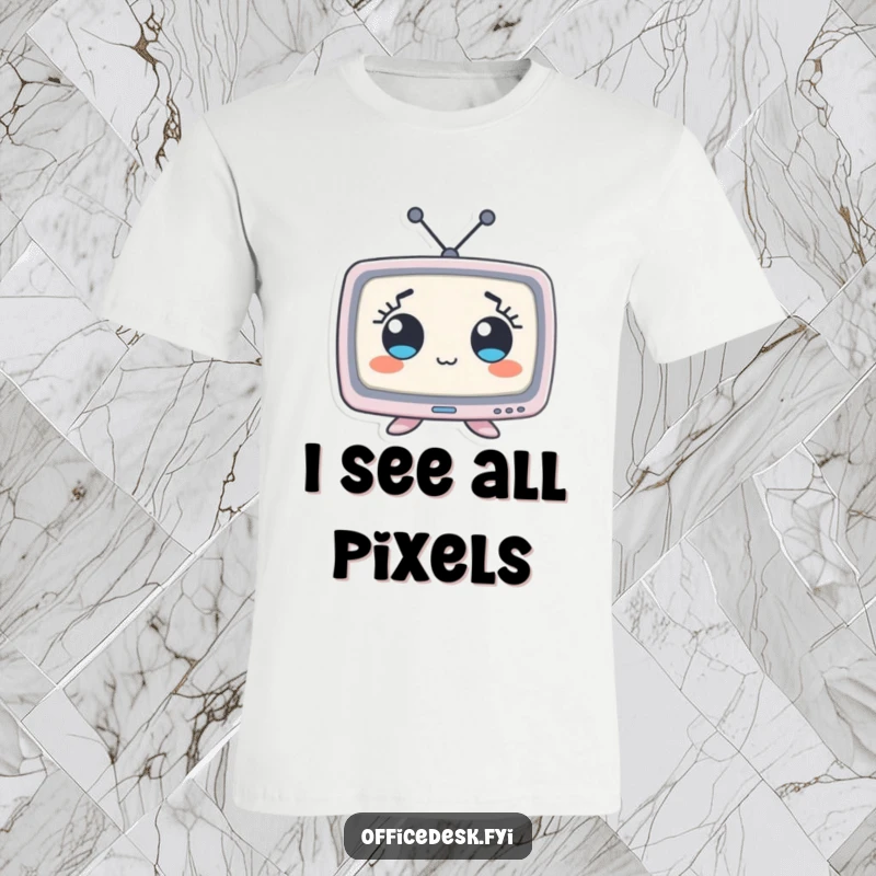 Funny t-shirt with a tiny monitor character sporting comically wide eyes, expressing shock or amusement in a relatable way.