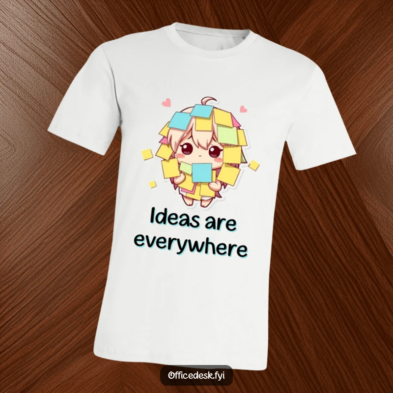 Funny cute character overwhelmed with sticky notes, looking bewildered but amused on a T-shirt, great for funny gift seekers.