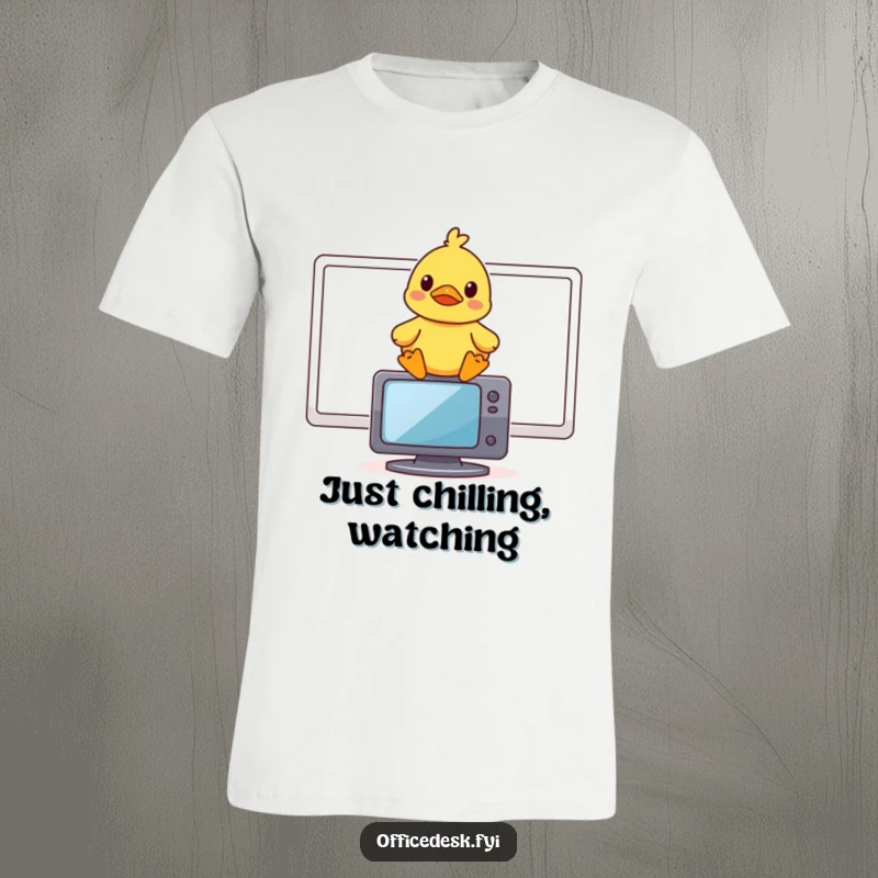 Funny t-shirt showing a small rubber duck sitting on a computer monitor, with an amused expression.