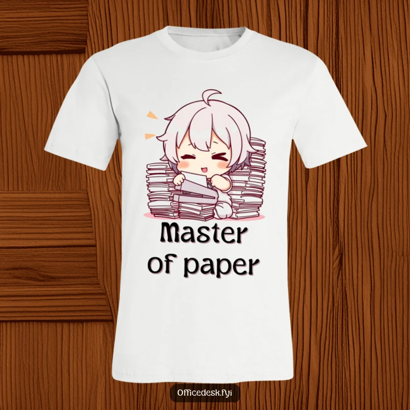 Funny T-Shirt: A character winking while attempting to staple a towering pile of documents, a humorous depiction of efficiency.