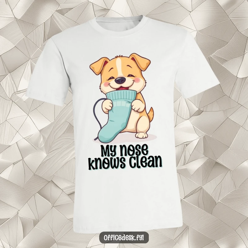 Funny Dog Ironing T-Shirt: A happy dog using its nose to iron a wrinkled sock, a humorous and energetic top.