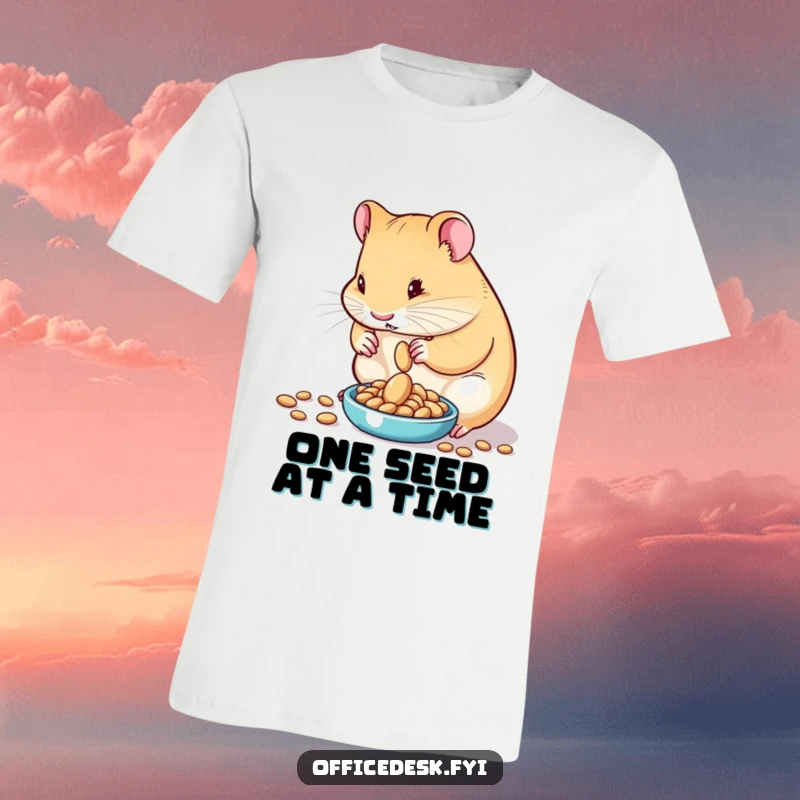 Funny t-shirt depicting a determined hamster carefully measuring out exactly one seed on a tiny scale, symbolizing extreme precision and focus.