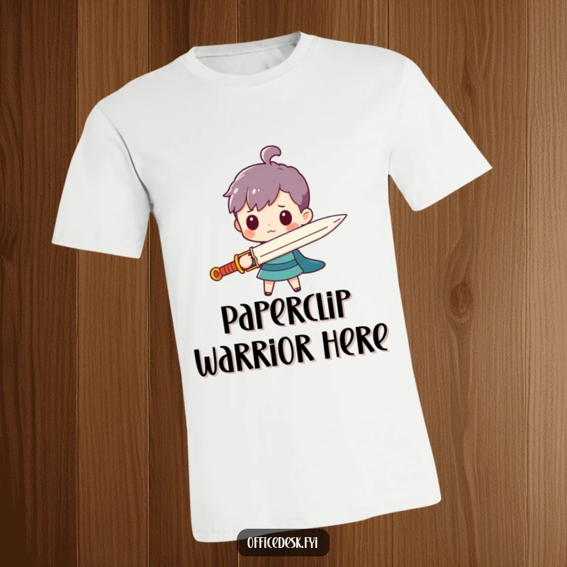 Funny t-shirt depicting a tiny character using a large paperclip as a sword, symbolizing humorous bravery and epic battles.