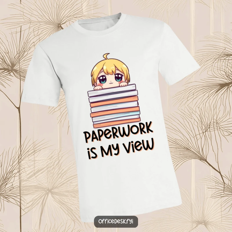 Funny t-shirt with a cute character peeking over a huge stack of papers, eyes wide, perfect for relatable work humor.