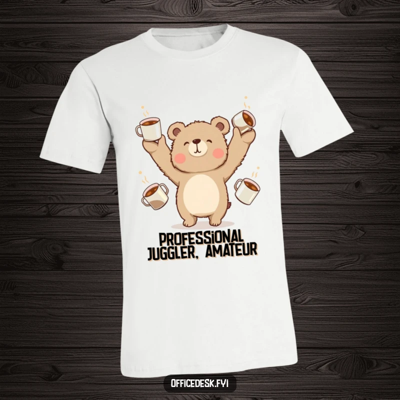 Funny bear hilariously juggling multiple overflowing coffee cups, caffeine addiction theme, t-shirt.
